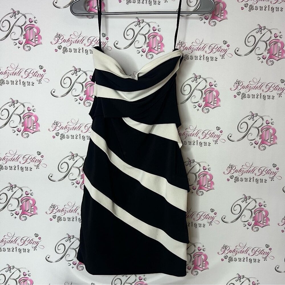 White House black market strapless Elegant Black and White Striped Dress